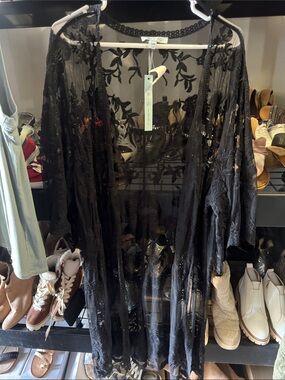 She + Sky Black Sheer Lace Long Kimono Cardigan